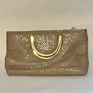 Vintage handbag taupe metal mesh purse gold handle